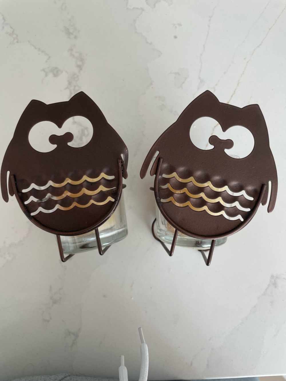 Vintage Owl Candle Holder Set- Metal& glass Votive Holders -Rustic Woodland Deco